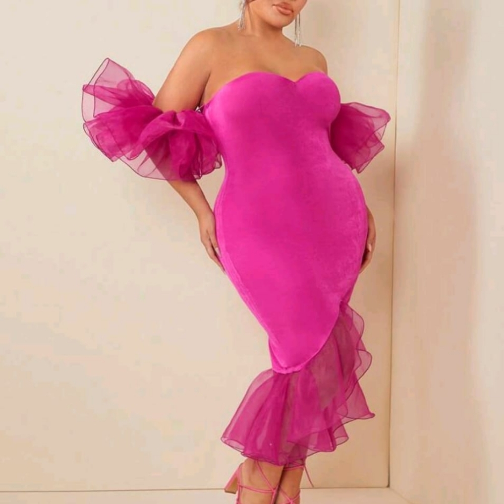 Pink Ruffled Mermaid Off Shoulder Dress - Picture 8 of 9